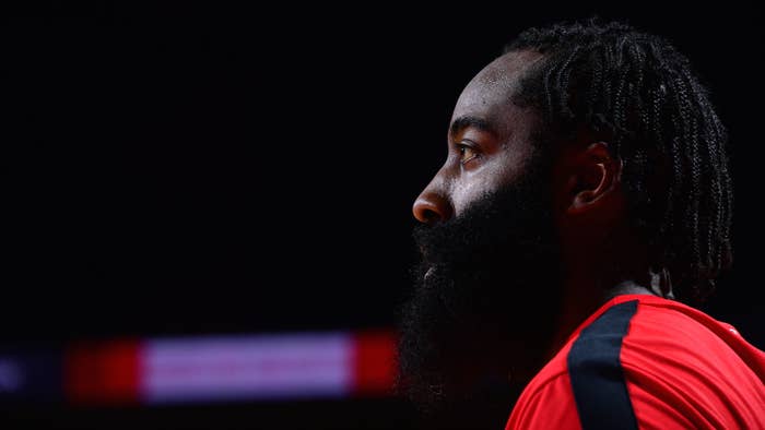 James Harden #13 of the Houston Rockets looks on in the game