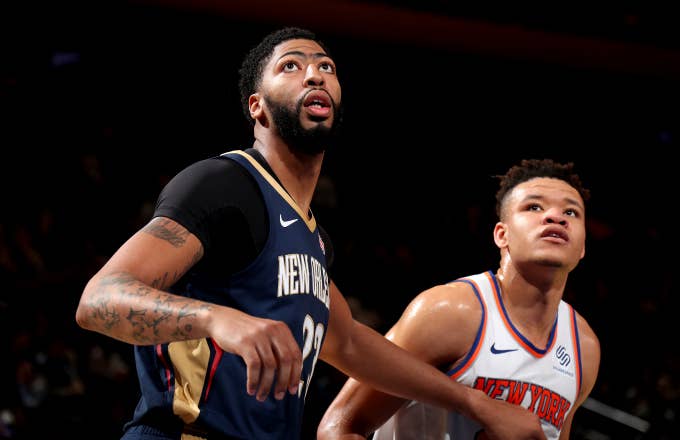 Anthony Davis #23 of the New Orleans Pelicans, and Kevin Knox