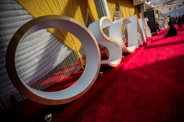 Oscars sign and decoration is seen on the red carpet on the eve of the 92nd Oscars.