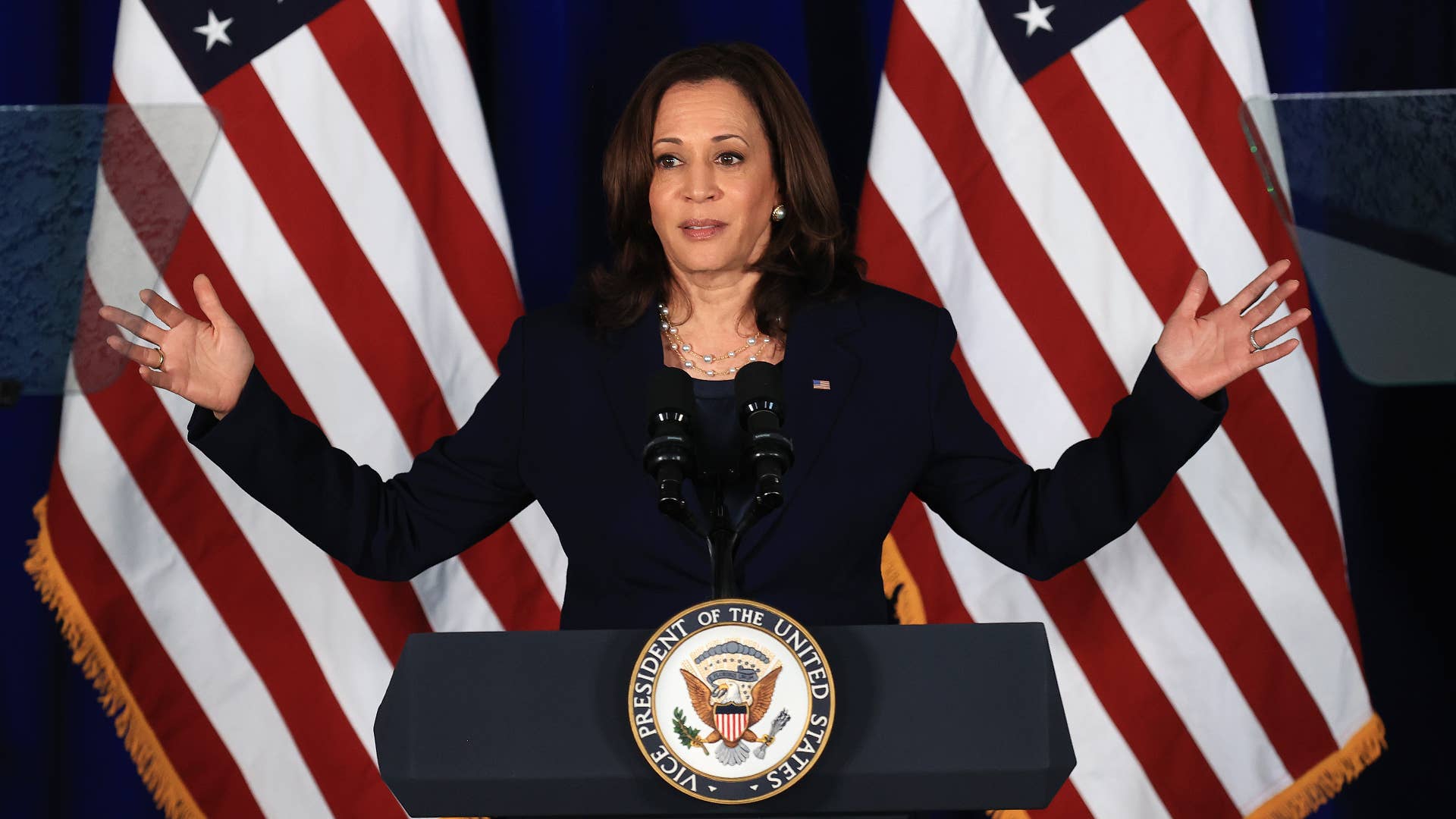 U.S. Vice President Kamala Harris delivers remarks at the Louis Stokes Library.