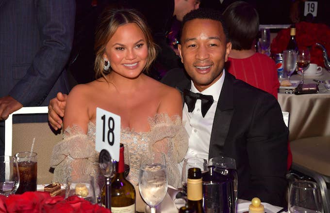 Model Chrissy Teigen and John Legend at the Clive Davis and Recording Academy Pre Grammy Gala.