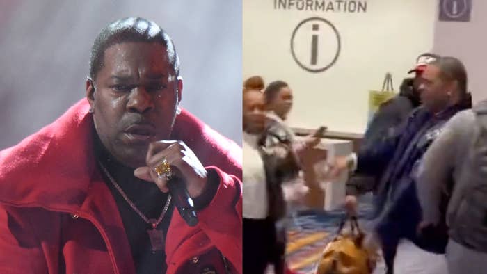 Busta Rhymes throws a drink on a woman who touched his butt and also a picture of busta rhymes performing