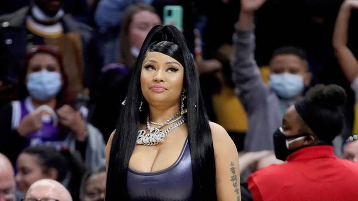 Rapper Nicki Minaj attends the game between the Los Angeles Clippers and the Los Angeles Lakers