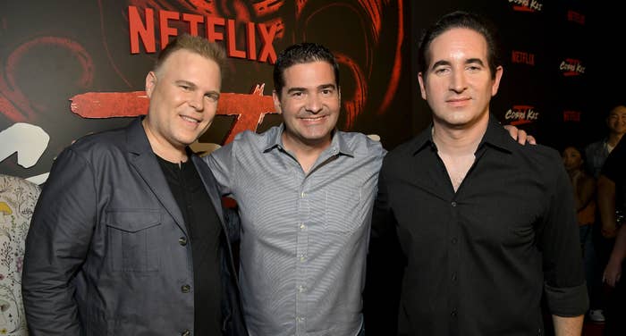 Josh Heald, Jon Hurwitz, and Hayden Schlossberg attend Netflix&#x27;s Cobra Kai Season 5 Los Angeles Premiere