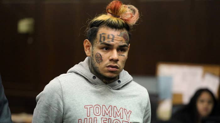 6ix9ine appears at his arraignment in Manhattan Criminal Court.