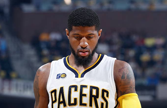 Paul George #13 of the Indiana Pacers reacts against the Cleveland Cavaliers