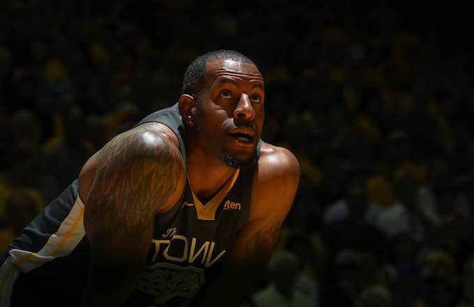 Andre Iguodala looks on during Game Four of the NBA Finals.