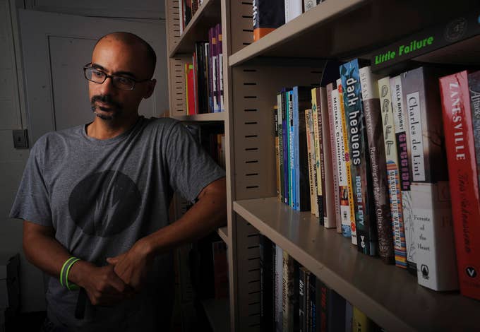 Junot Diaz was photographed at his MIT office