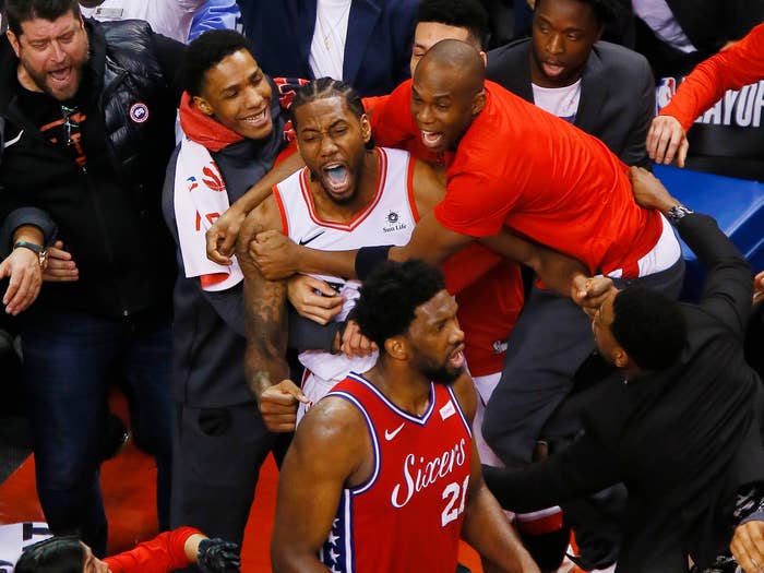 Kawhi Leonard Joel Emiiid Celebration 2019 Game 7 Playoffs