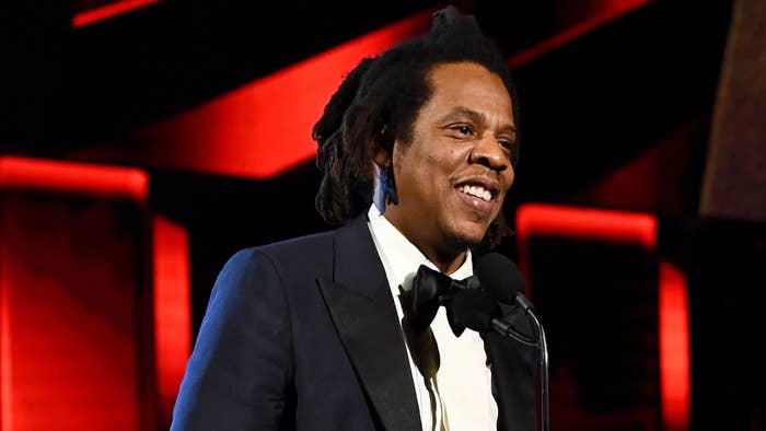 Jay Z is seen addressing attendees at the Rock Hall ceremony.