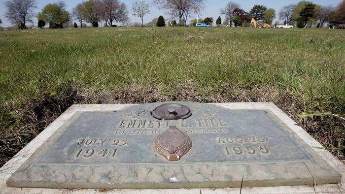 A plaque marks the gravesite of Emmett Till at Burr Oak Cemetery.