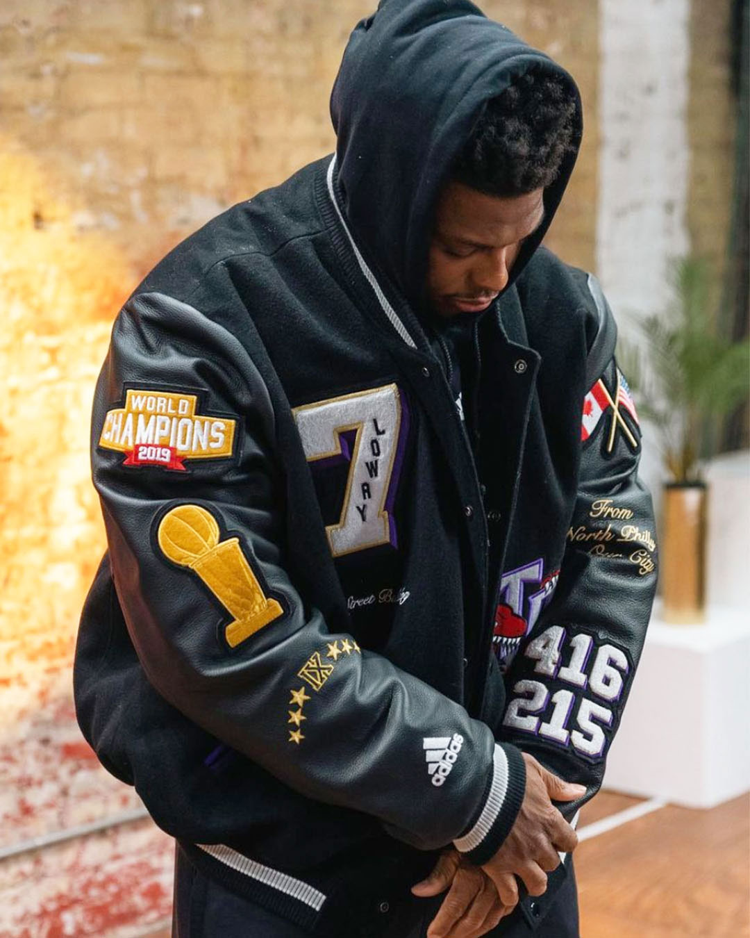 Kyle Lowry in a custom adidas jacket designed by Free Agent Warehouse