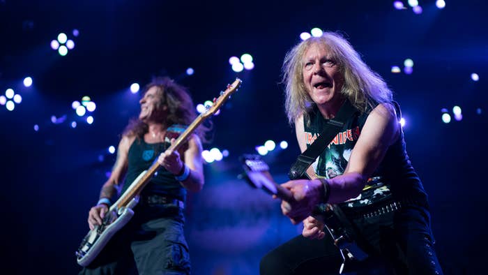 Janick Gers, foreground, with bassist Steve Harris of Iron Maiden perform during the Legacy of the Beast tour at Xcel Energy Center in Saint Paul, Minnesota. (Photo by Jeff Wheeler/Star Tribune via Getty Images)