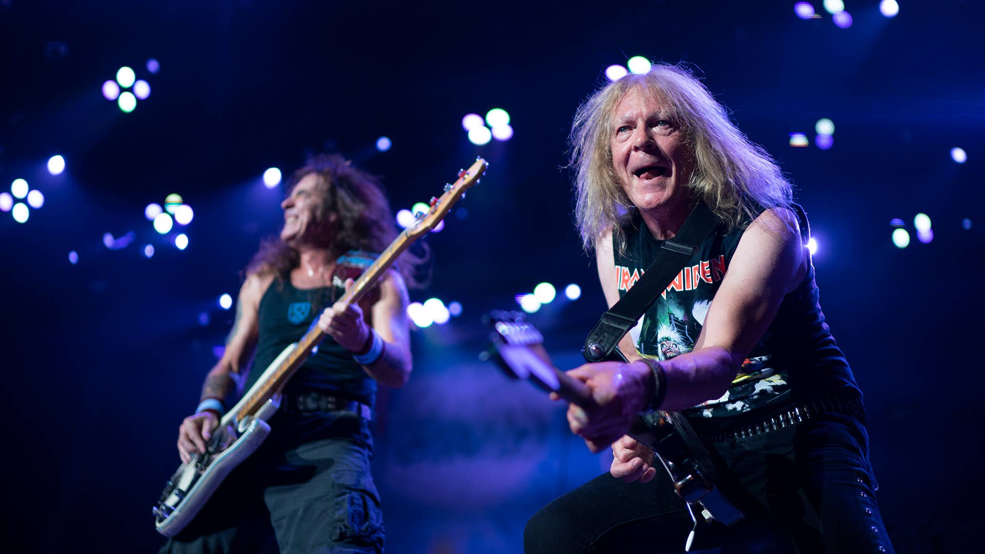 Janick Gers, foreground, with bassist Steve Harris of Iron Maiden perform during the Legacy of the Beast tour at Xcel Energy Center in Saint Paul, Minnesota. (Photo by Jeff Wheeler/Star Tribune via Getty Images)