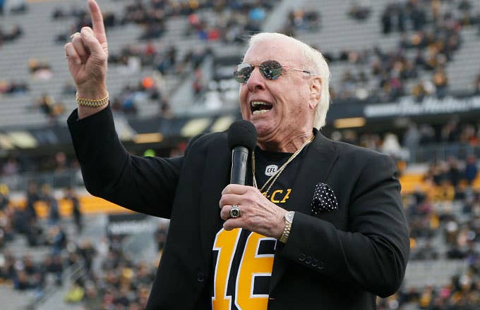 Ric Flair speaks at a Hamilton TigerCats game.
