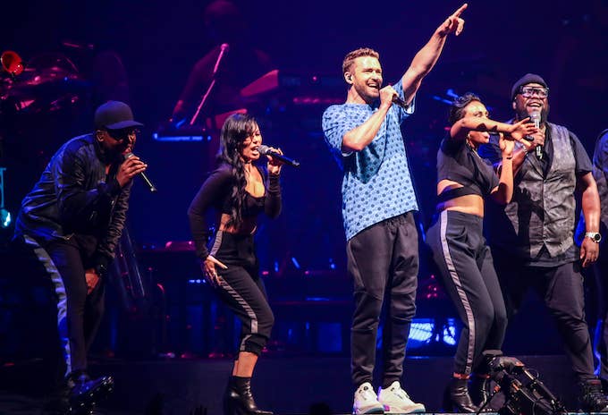Justin Timberlake performing at a concert.