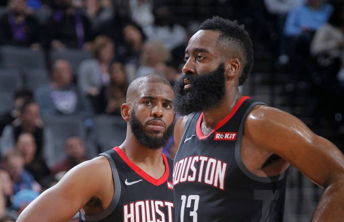 James Harden #13 and Chris Paul #3 of the Houston Rockets