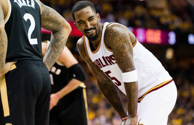 J.R. Smith laughs during a playoff game.