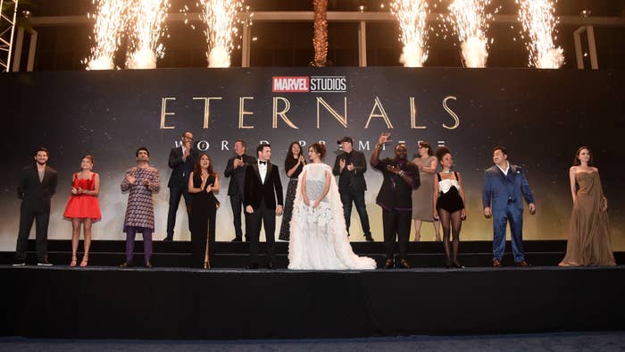 Marvel Studios&#x27; &#x27;Eternals&#x27; cast and execs pose together at world premiere.