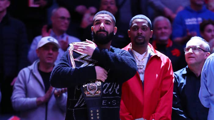 Drake during the national anthems prior to an NBA game between Bucks and Raptors.