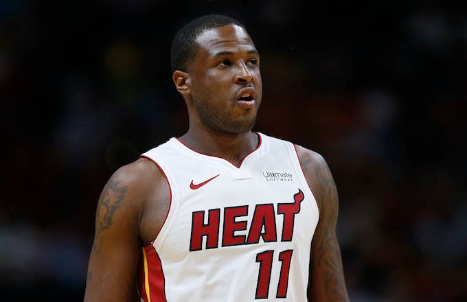 Dion Waiters of the Miami Heat looks on against the Houston Rockets.