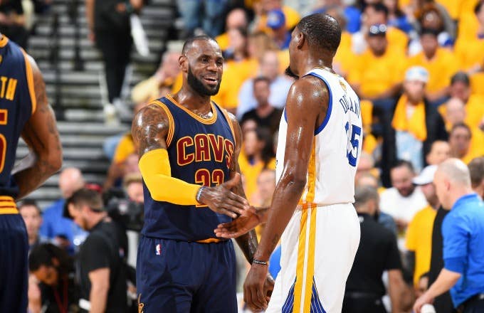 LeBron James shakes hands with Kevin Durant before an NBA Finals game.
