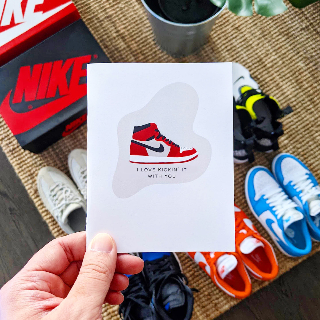 A card from SmollStuffCo with a sneaker on it that reads &quot;I love kickin&#x27; it with you&quot;