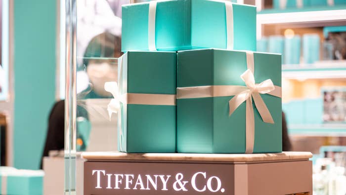 American luxury jewellery and speciality retailer Tiffany &amp; Co. logo and gift boxes