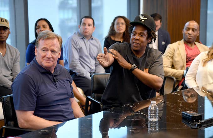 Roger Goodell and Jay Z at the Roc Nation and NFL Partnership Announcement