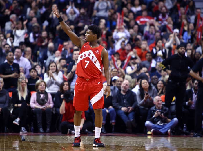Kyle Lowry waves at fans at Toronto&#x27;s Scotiabank Arena