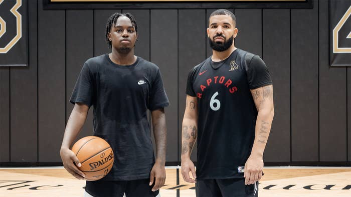 Canadian basketball player K Showtime and Drake hanging out on basketball court.