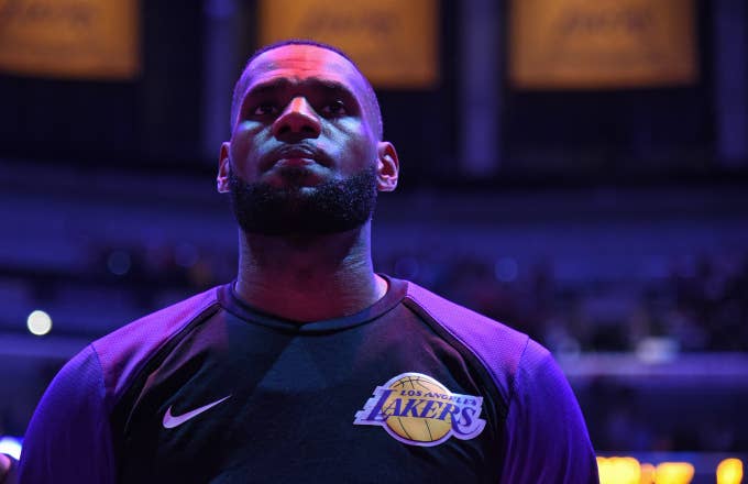 LeBron James is photographed during the national anthem