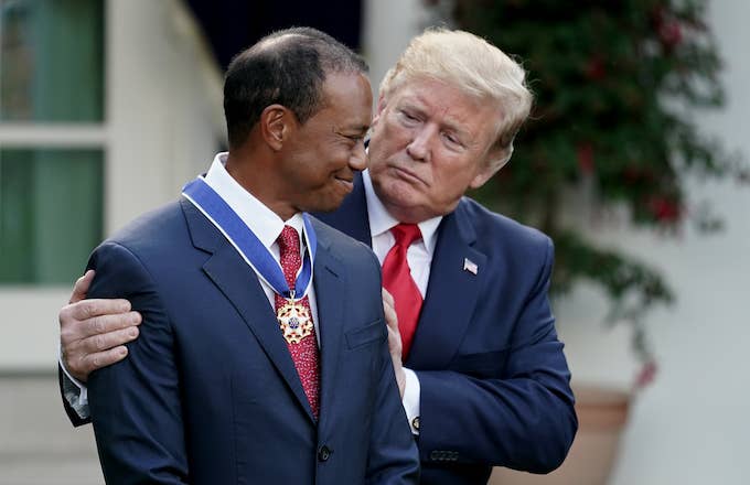 Donald Trump gives Tiger Woods the Presidential Medal of Freedom.