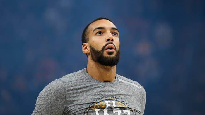 Rudy Gobert of the Utah Jazz looks on before a game against the Toronto Raptors.