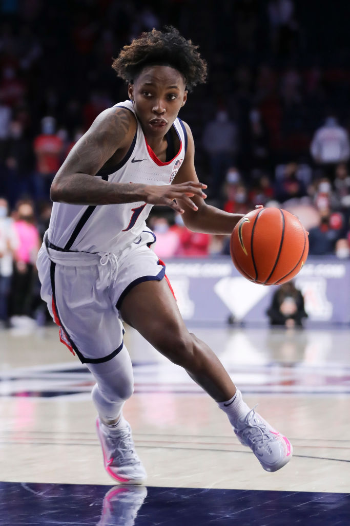 Shaina Pellington dribbling a basketball during a game.