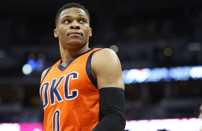 Russell Westbrook looks into crowd during game.