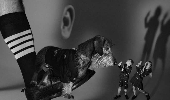 Models and a dog are pictured in a new campaign from Thom Browne