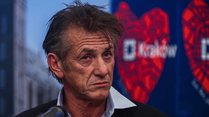 Sean Penn speaks to the media after signing a humanitarian contract with the Mayor of Krakow