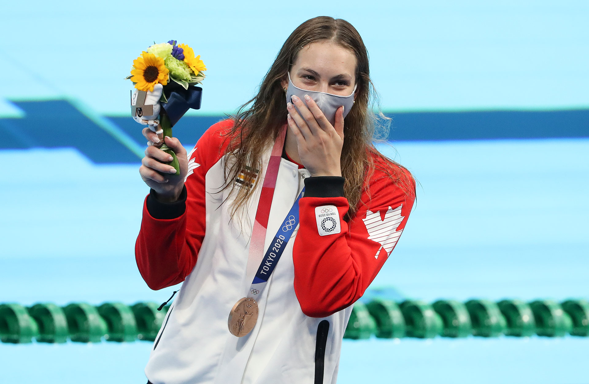 Bronze Medalist Penny Oleksiak of Canada during the medals ceremony of the 200m freestyle final