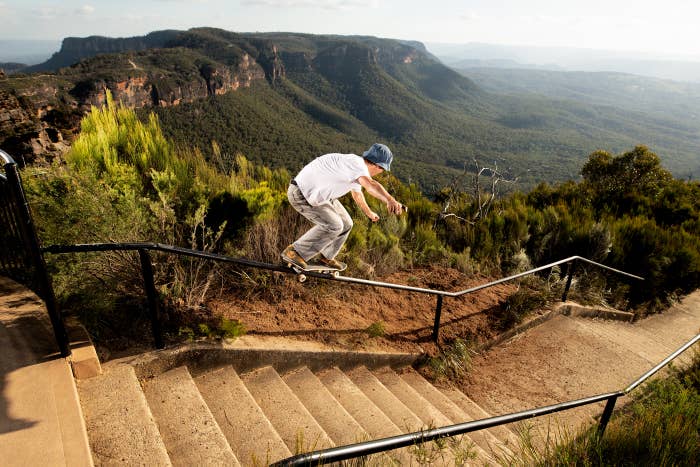 Jack O&#x27;Grady grinds a kink rail in the Blue Mountains for the Pass~Port x Nike SB Dunk High