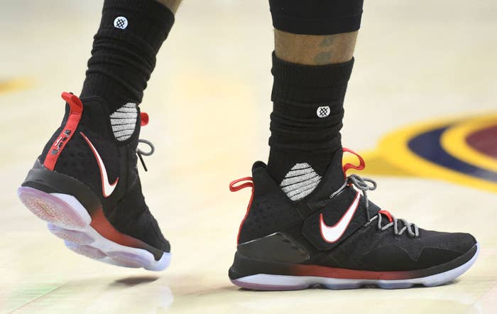 LeBron James Nike LeBron 14 Black/Red PE On Foot
