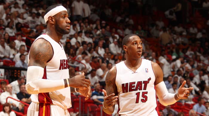 Miami Heat&#x27;s LeBron James and Mario Chalmers in 2013