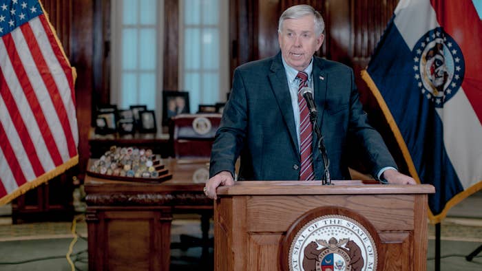 Missouri Gov. Mike Parson speaks during a press conference.