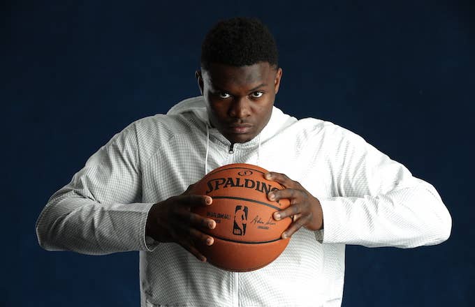 Zion Williamson poses for a portrait at the 2019 NBA Draft Combine.