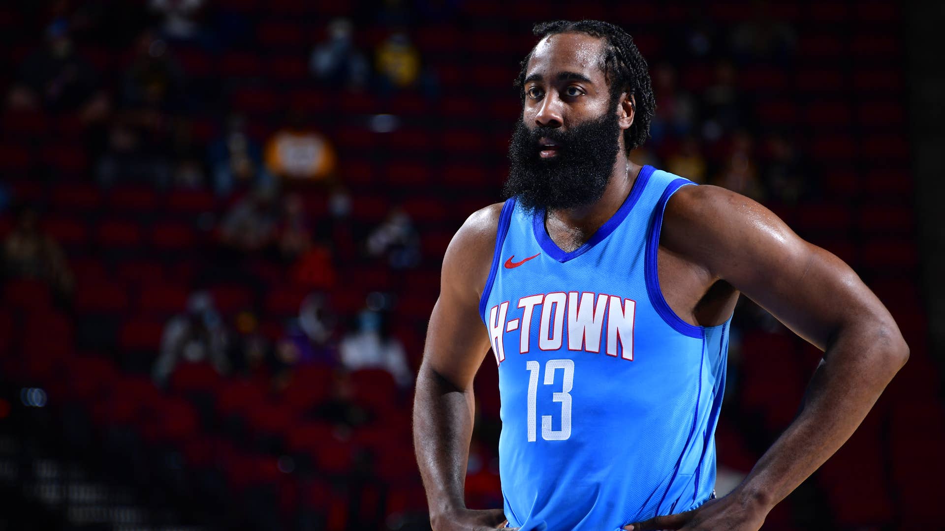 James Harden looks on during the game against the Los Angeles Lakers.