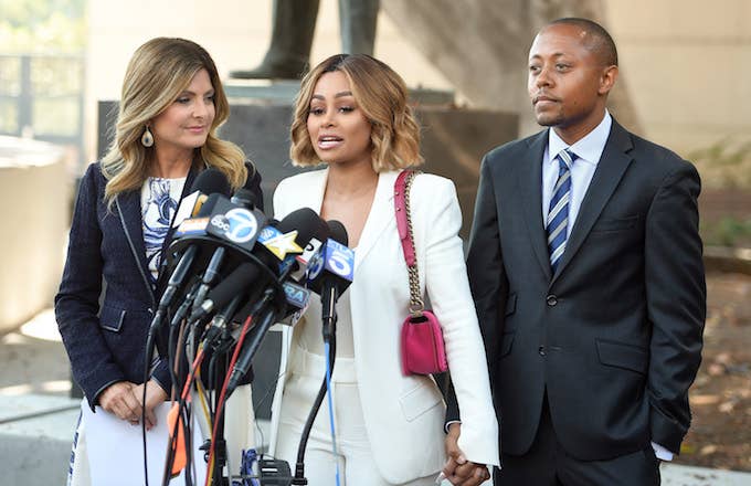 Lisa Bloom, Blac Chyna and Walter Mosley speak during a pre court hearing press conferencr.