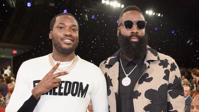 Meek Mill (L) and James Harden attend the 2018 NBA Awards at Barkar Hangar