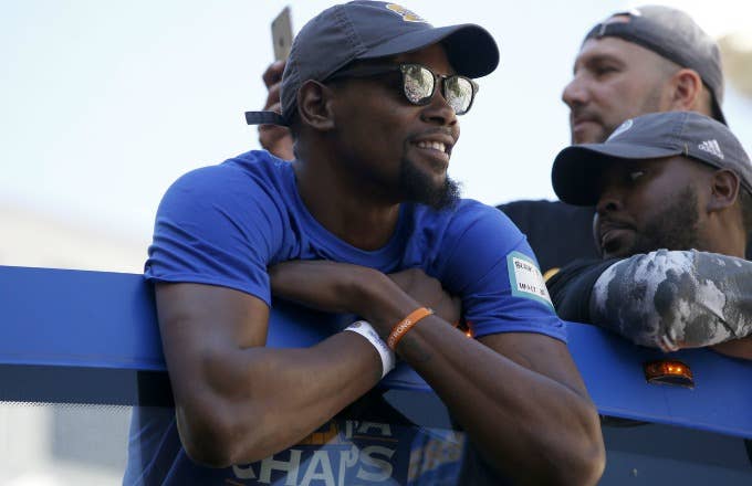Kevin Durant celebrates the Warriors' NBA title.