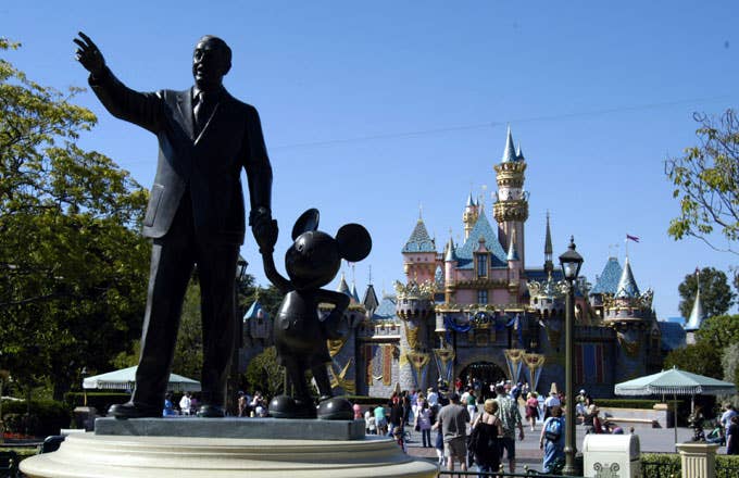 Walt Disney and Mickey statue at Disneyland.