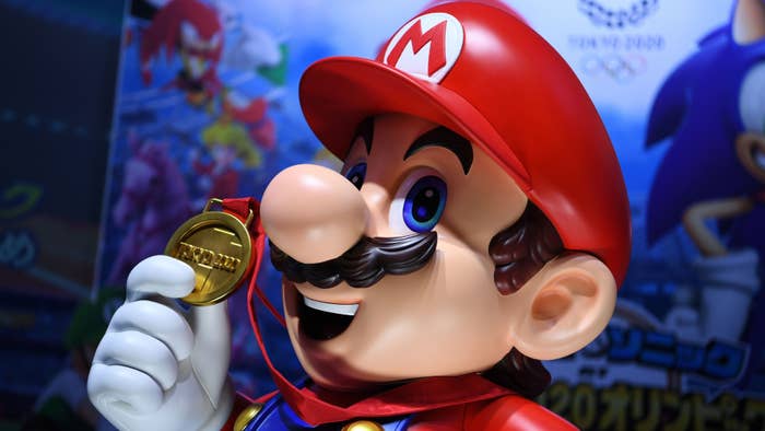 Mario is seen at a promotional booth for &quot;Mario &amp; Sonic at the Olympic Games Tokyo 2020.&quot;